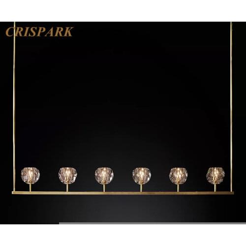 Vintage Crystal Ball Linear Chandelier Lighting LED 48" Retro Minimalist Rectangular Hanging Lamp Indoor Living Room Dining Room