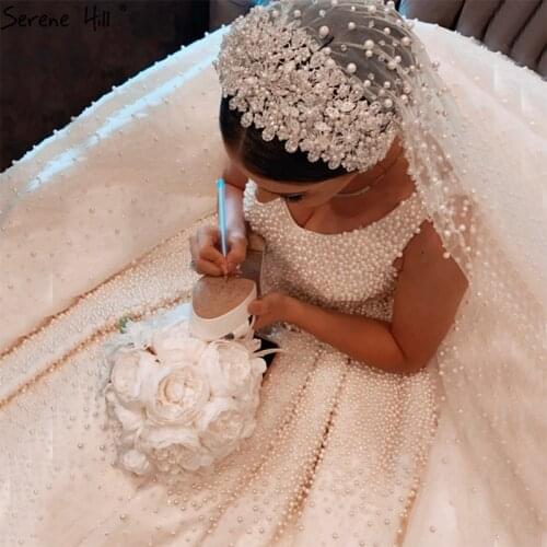 Serene Hill White Sleeveless Sexy Wedding Dresses 2021 Dubai Pearls Beading Lace Up Bridal Gowns HA2432 Custom Made