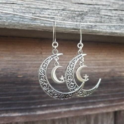Silver colour Crescent Moon Earrings Luna Dangle Handmade Crystal Witchy Hippie Filigree and Star Celestial 2020 women gift