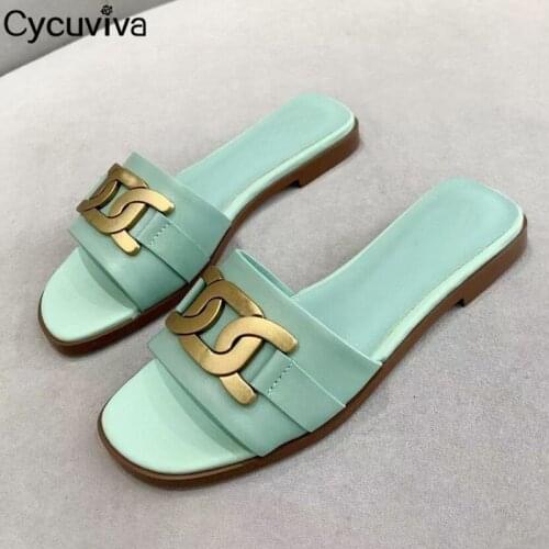 Metal Decor Women Slippers Peep Toe Leather Flat Platform Causal Shoes Women Summer Beach Flip Flops Outwear Sandalias Mujer