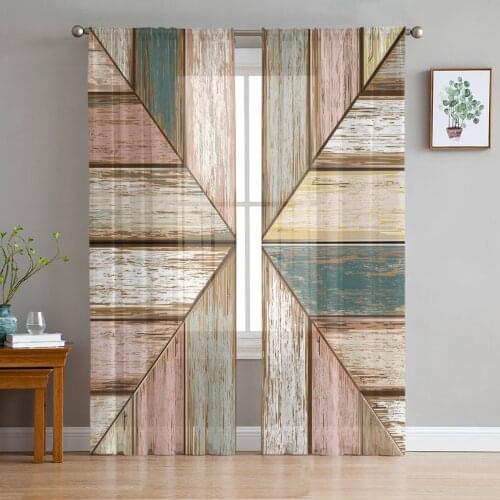 Wooden Board Texture Retro Tulle Sheer Window Curtains for Living Room Kitchen Children Bedroom Voile Hanging Curtain