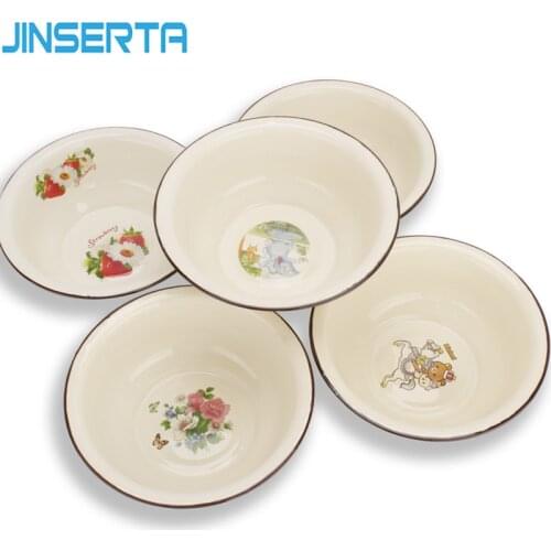 JINSERTA Vintage Enamel Bowl Baby Kids Tableware Thickened Home Restaurant Kitchen Refrigerator Food Container Soup Bowl