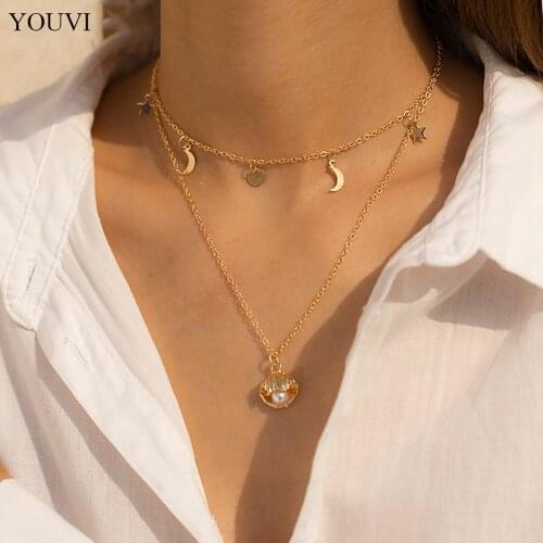 YOUVI Bohemia Chain Necklace Simple Design Moon Circle Tassel Pedant Necklace for Womens Neck Chain Elegant Pearl Sell Choker