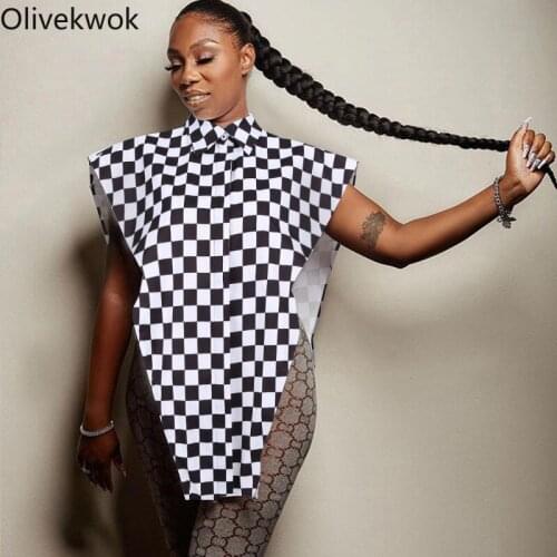 Olivekwok Woman Fashion Print Plaid Shirts Sleeveless Streetwear Loose Casual Autumn 2021 Polo-Neck Famela Tops