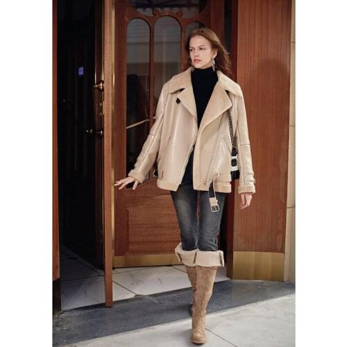 AEL Winter Women PU Coats Thicken Faux Leather Fur Female Coat Lambs Lining Leather Jacket streetwear