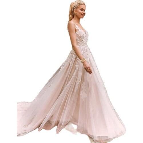Chic A Line V-Neck Boho Bridal Gowns Lace Wedding Dresses with Tail Backless robe de mariee Customize Bride Dress 2020