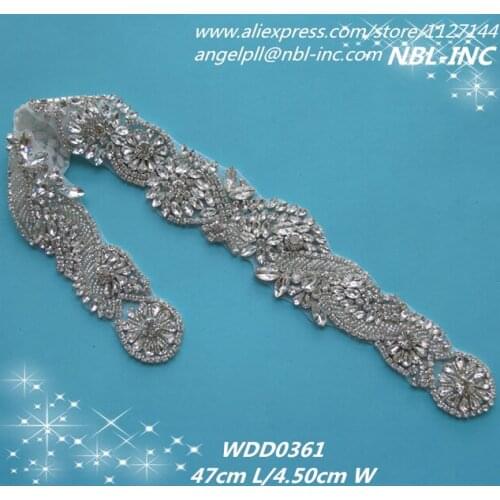 30pcs) Wholesale bridal sash beaded sewing crystal glass silver rhinestone appliques iron on for wedding dresses sash WDD0361