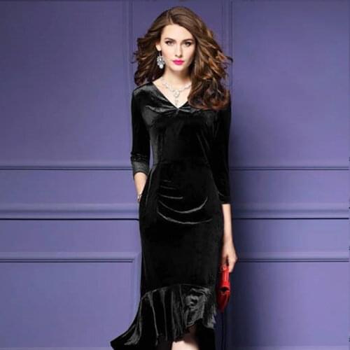 AECU Spring 2021 New V Neck Solid Color Elegant Dress Feminine High Waist Fishtail Banquet Lady Mermaid Party Velvet Dress