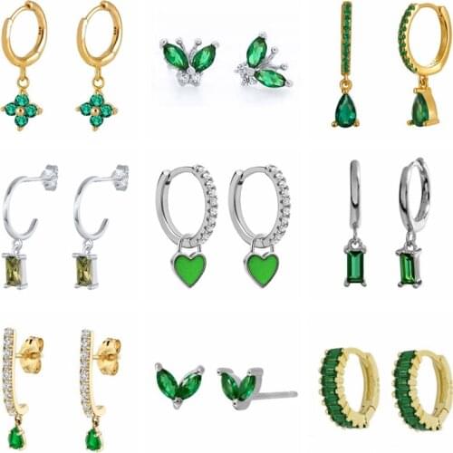 BOAKO 925 Sterling Silver Green Rhinestone Series Hoop Earrings For Women Girl Zircon Heart Pendant Charm Circle Earring Jewelry