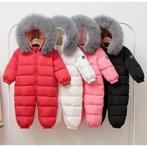 Infant Baby Down Jumpsuit Real Fox Fur Hooded Thick Warm Romoer Boys Girls Toddler WInter Outdoor Clothes