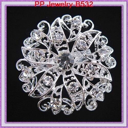 DHL Free shipping! Silver Plated Clear Rhinestone Crystal Flower Pins Brooches Wholesale Cheap Price