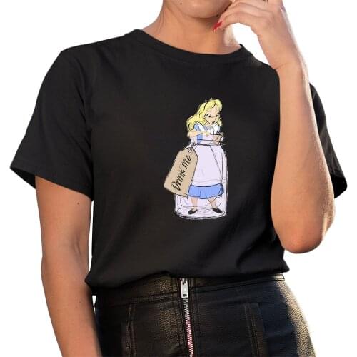 Disney Alice in Wonderland Drink Me Print T Shirt Women Cartoon Unisex T-shirt Funny Summer Leisure Fashion Kawaii Tshirt Tops