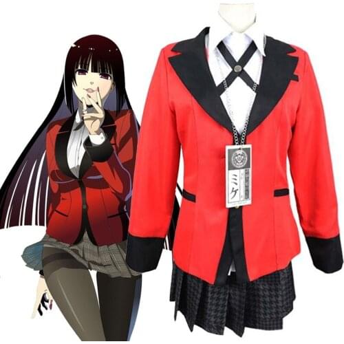 JP Anime Kakegurui Cosplay Costume Women Full Set Halloween Jabami Yumeko Cosplay JK Skirt School Uniform Stockings Wig