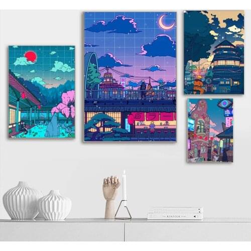 Cartoon View Street Canvas Painting Posters and Printswall Art Night Tree Cute Modular Pictures for Bedroom Home Decor Cuadros