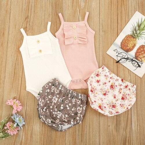 Cute Casual Summer Baby Girls Two-Piece Outfits Suit Sleeveless Sling Romper and Flower Print Shorts for Birthday Party Clothes