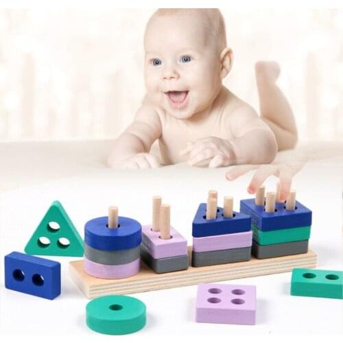 Mini Wooden Montessori Toy Building Blocks Early Learning Educational Toys Color Shape Match Cognition Kids Toy for Boys Girls