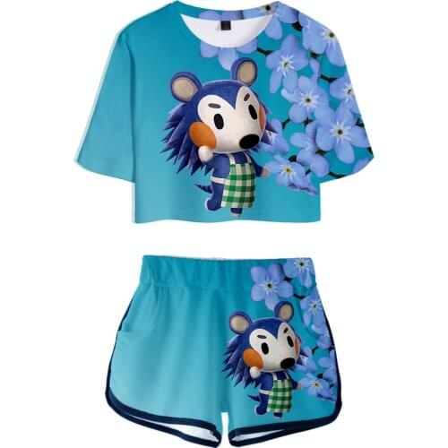 Fashion Design Animal Forest Printing Two-piece T Shirt Set for Girls Belly Button + Shorts Ms. Cute Cartoon Animal T-shirt Set