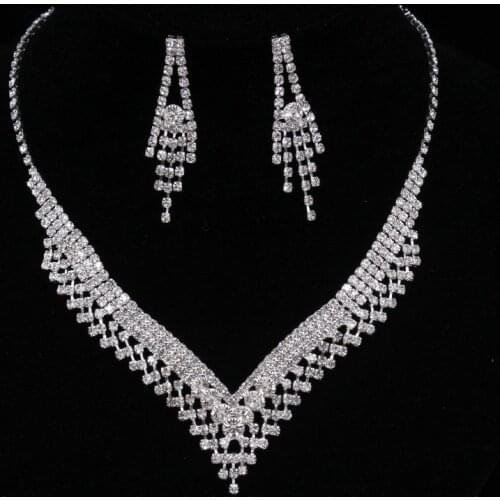 Cute Female White Crystal Jewelry Set Charm Silver Color Wedding Dangle Earrings For Women Dainty Zircon Stone Chain Necklace