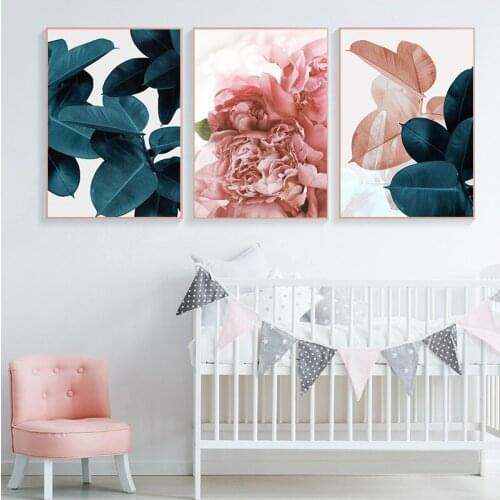 Pink Green Flower Leaf Nordic Poster Wall Art Canvas Painting Abstract Posters and Prints Wall Pictures for Living Room Decor