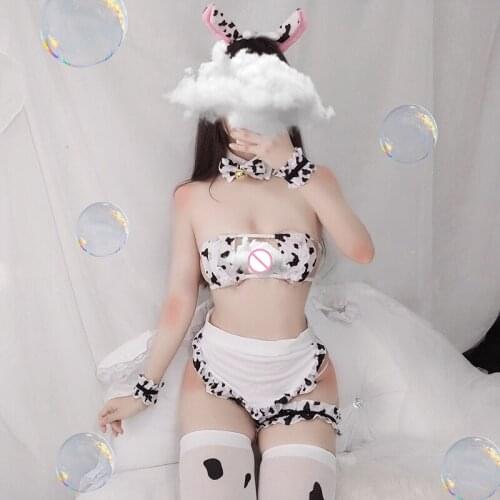 New Anime Girls Swimwear Lolita Bra and Panty Set Stockings Japanese Cos Cow Cosplay Costume Maid Tankini Bikini Swimsuit