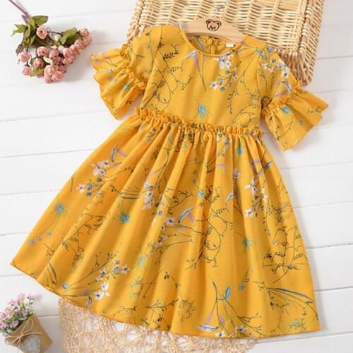 Summer New Toddler Girls Dress Princess Party Dress Girls Flare Short Sleeves Ruched Floral Print Dress