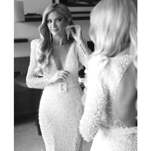 Luxury Full Pearl Mermaid Wedding Dresses With Long Feather Train Vintage Long Sleeves Saudi Arabic Plus Size Bridal Gown Dress