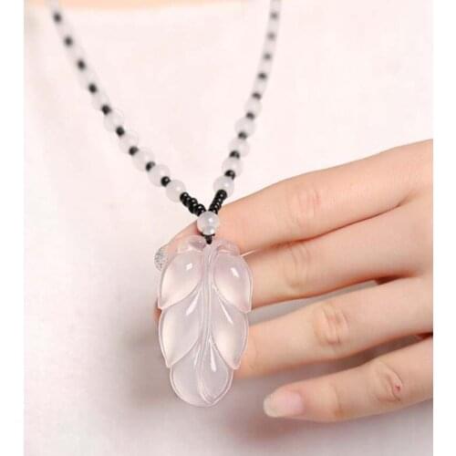 Handmade Weave Leaf Shape White Agates Pendant Long Beads Chain Necklace for Elegant Women Jewelry