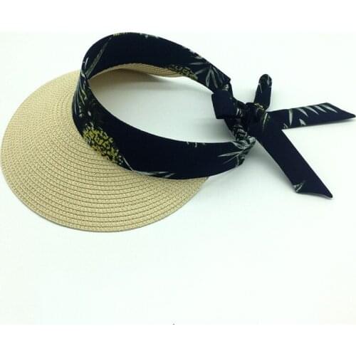 Girls Elastic Band Pink White Sun Protect Beach Cap Hats Floral Printed Straw Visor Hat Women Summer Natural Straw Visor Hat