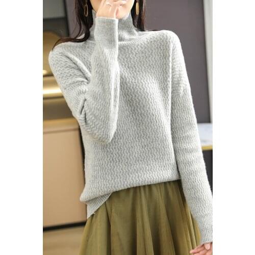 KOIJINSKY 2021 pure wool womens autumn winter elderly seven needle corrugated apricot thickened knitted sweater