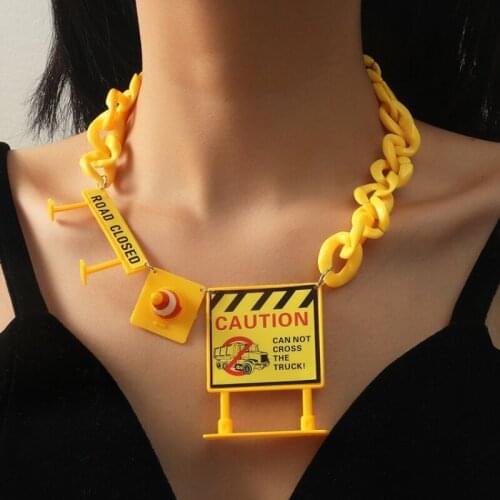 Hip Hop Punk Necklace Traffic Road Sign Construction Roadblock Acrylic Link Chains Long Necklace Funny Fashion Party Jewelry