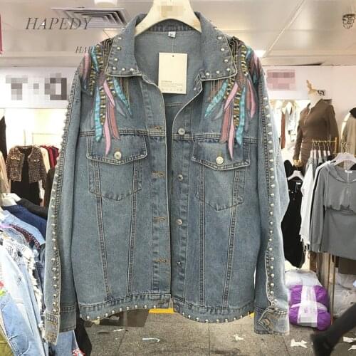 Rivet Wings Punk Coats Women Casual Embroidered Denim Jacket 2021 Fashion Spring Short Denim Coat Jackets for Women Long Sleeve