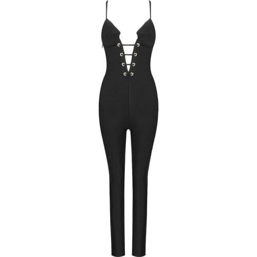 2021 New Summer Women Bandage Jumpsuits Sexy Hollow Out Long Pants Bodycon Clothes Club Celebrity Party Elegant Playsuits