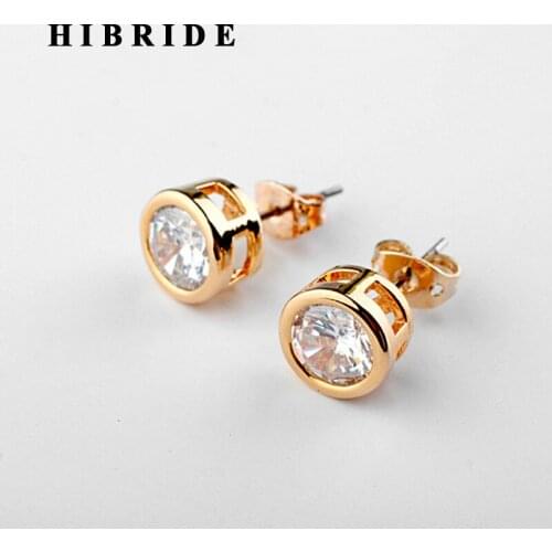 HIBRIDE New Fashion Round Shape Cubic Zircon Gold Color Stud Earrings For Women Bridal Brincos With Gifts Present E-908