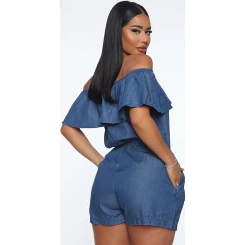 Kayotuas Women Playsuit Summer Ruffles Denim Casual Pockets Romper Elastic Waist Jeans Blue Off-the-Shoulder Hot Overall Leotard