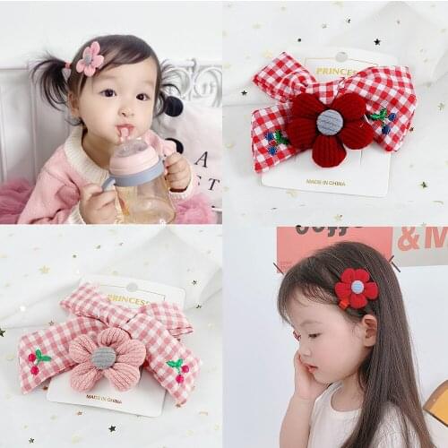 Cute Sun Flower Hair Clip Accessories 2Pcs Sweet Bowknot Cherry Plaid Duckbill Hairpins Princess Headwear Gift For Girl Children