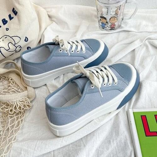 2021 Spring Canvas Shoes Flat Bottomed Round Head Lace Up Casual Board Shoes Ugly Cute Big Head Shoes Womens Little White Shoes