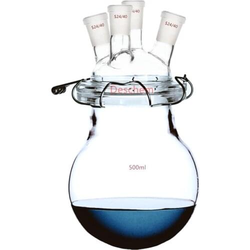 24/40 Glass Reactor Four Necks Round Bottom Reaction Kettle W/4-Neck Lid & Steel Clamp