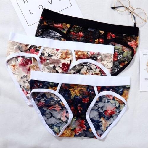 3PCS Men Briefs Cueca Underpants Panties Hot Mens Briefs Sexy Lace Floral Transparent Underwear Men Bikini Low Waist Soft Solid