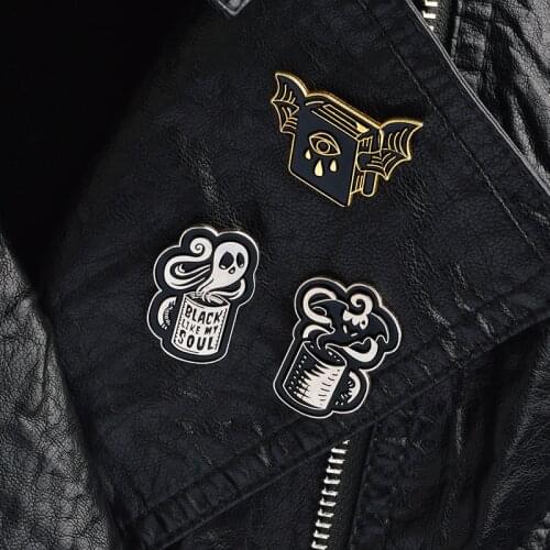 The New Black Horror Series Coffee Cup Ghost Devil Bat Wings Magic Book Enamel Pins Badge Brooches Decorated men Clothing