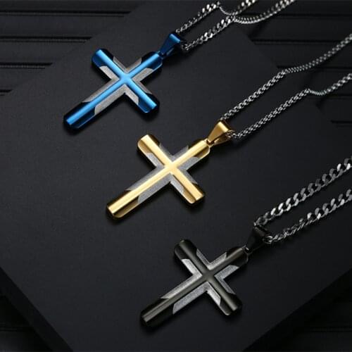 EyeYoYo Christian Jesus Titanium Cross Necklaces Pendants Men Stainless Steel Gold Blue Black Color Prayer Choker Men Jewelry
