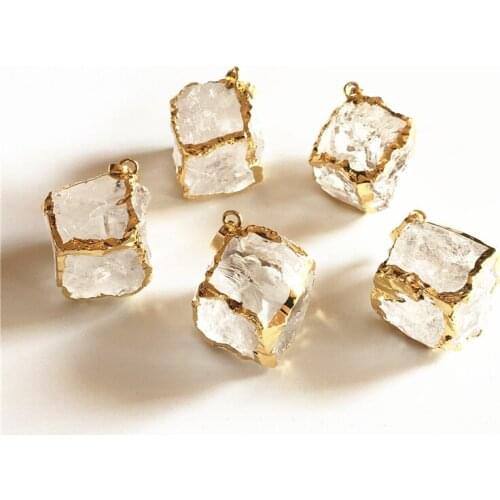 FUWO Natural Clear Quartz Pendant With Gold Trimmed Fashion Square Box Jewelry For Necklace Making 5 pieces/lot PD307