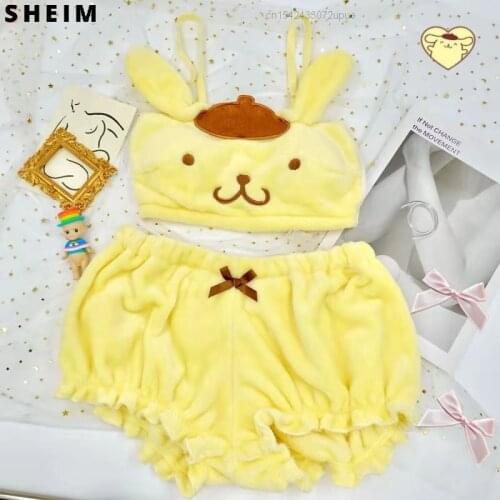 Kawaii Y2k Aesthetic Clothes Halter Sexy My Kuromi Melody Cinnamoroll Plush Pyjamas Pom Pom Purin Pajamas Set Tops Lolita Girls