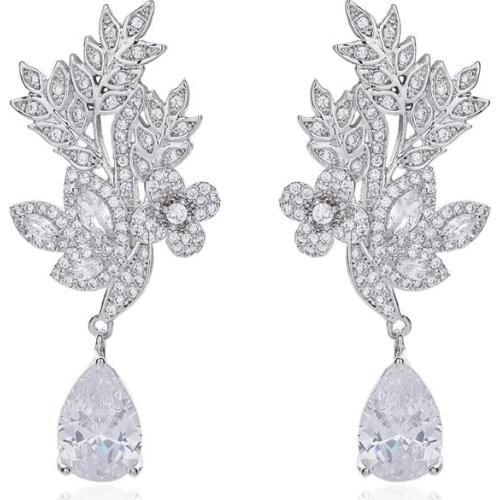 Classic Cubic Zircon Leaves Earrings for Wedding, Crystals Dangle Earring for Bride, Women Girl Gift CE10774
