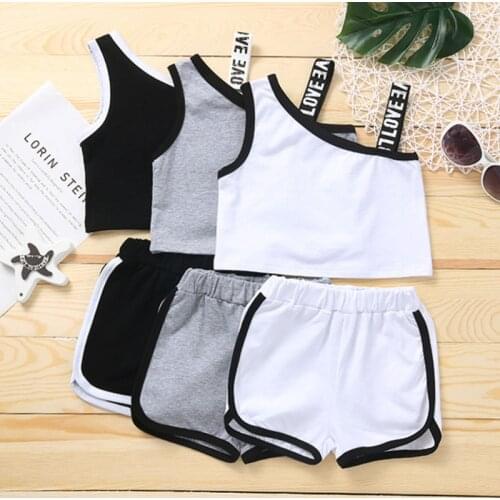 Girls Summer Two Piece Set Fashion Letter Webbing Suspender Tops and Contrast Color Shorts Daily Wear
