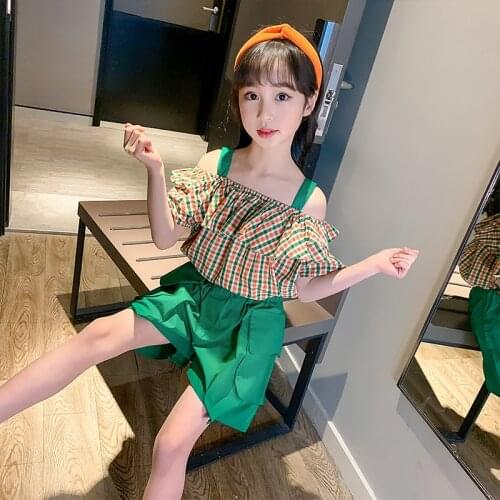 Girl summer fashion outfit Girls camisole shorts two-piece suit Girl Western Style Suit Girls Plaid Shirt Solid Color Shorts Set