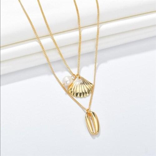 MESTILO Multilayered Women Necklace Gold Color Simulated Pearls Shell Pendant Necklace For Women Girls Vintage Conch Kolye Gifts