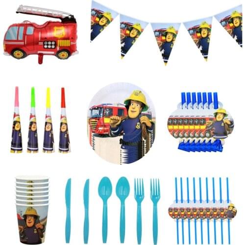 Cartoon Fireman Theme Party Set Straw Paper Cups Plates Blowout Disposable Tableware Set Children Birthday Party Supplies