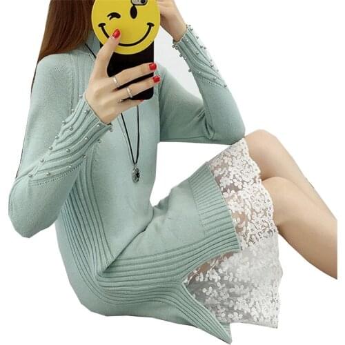 New Winter Fashion Women Slim Elegant Knitted Sweater Pullover Turleneck Knitted Dress Lady Bodycon Lace Dresses Bottoms WZ103