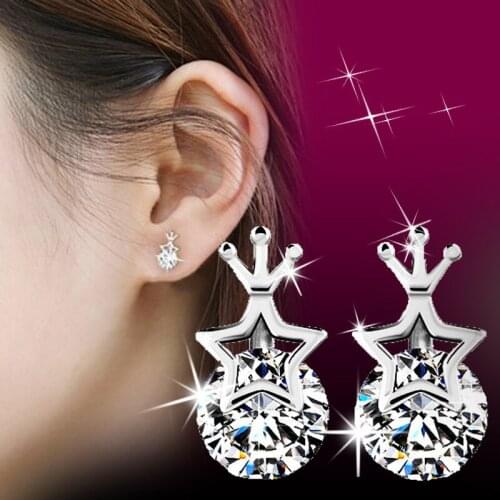 Korean New Five-pointed Star Rhinestone Crown Earrings for Woman Girls Fashion Silver Plated Crystal Stud Earrings fashion