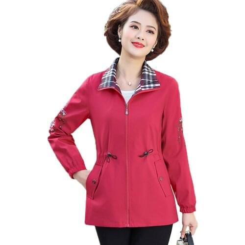 Autumn 2021 Womens Coat Jacket Middle-aged Long Sleeve Zipper Pockets Casual Windbreaker Basic Jackets Outerwear Plus Size 5XL